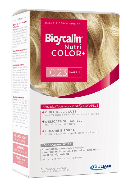 BIOSCALIN NUTRICOLOR PLUS 10,23 SABBIA CREMA COLORANTE 40 ML + RIVELATORE CREMA 60 ML + SHAMPOO 12 ML + TRATTAMENTO FINALE BALSAMO 12 ML - Pharmaleader