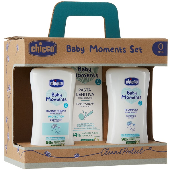 CHICCO BABY MOMENTS SET BAGNOCHIUMA PELLI DELICATE 200 ML + SHAMPOO PELLI DELICATE 200 ML + PASTA CAMBIO PELLI DELICATE 100 ML - Pharmaleader