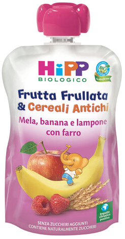 HIPP BIO FRUTTA FRULLATA&CEREALI ANTICHI MELA BANANA LAMPONE FARRO 90 G - Pharmaleader