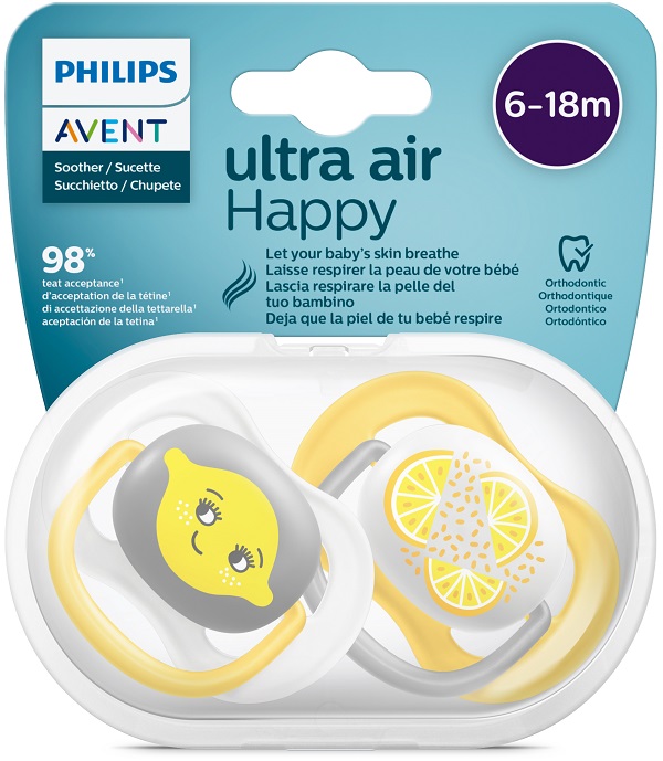 AVENT ULTRA AIR CIUCCIO ORTODONTICO 6-18 MESI NEUTRO/LIMONI 2 PEZZI - Pharmaleader