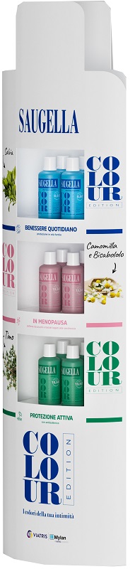 SAUGELLA COLOUR EDITION ESPOSITORE DA 12 PEZZI SAUGELLA DERMOLIQUIDO 500ML + SAUGELLA ATTIVA 500ML + SAUGELLA POLIGYN 500ML - Pharmaleader