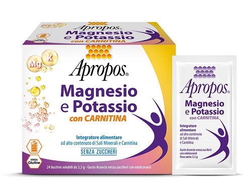 APROPOS MAGNESIO E POTASSIO CON CARNITINA 24 BUSTINE SOLUBILI DA 3,5 G GUSTO ARANCIA SENZA ZUCCHERI - Pharmaleader