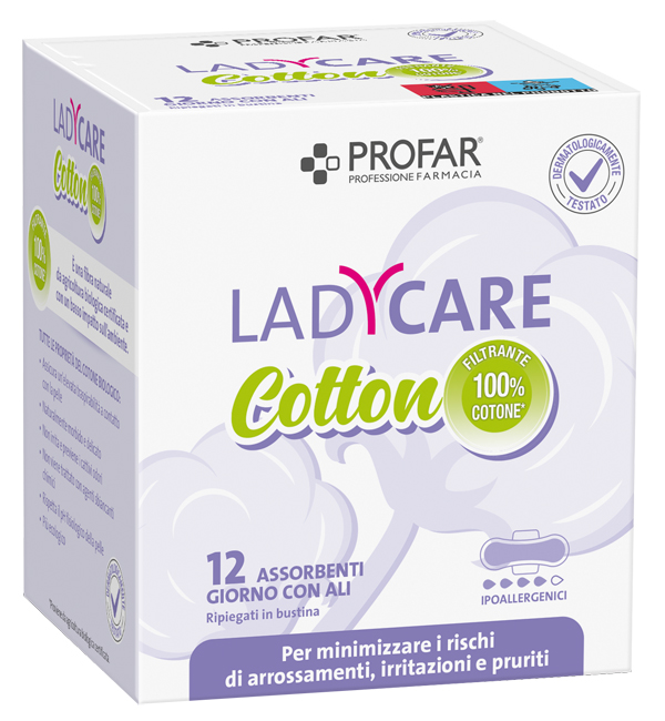 LADYCARE ASSORBENTI COTTON IPOALLERGENICI GIORNO CON ALI 12 PEZZI PROFAR - Pharmaleader