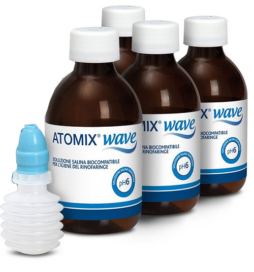 ATOMIX WAVE DISPOSITIVO PER IGIENE RINOFARINGEA ATOMIX SOLUZIONE SALINA 4 FLACONI DA 250 ML - Pharmaleader