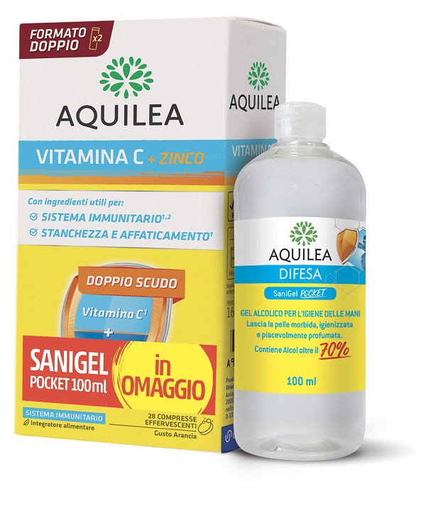 AQUILEA VITAMINA C 14 COMPRESSE EFFERVESCENTI BIPACK + SANIGEL POCKET 100 ML IN OMAGGIO - Pharmaleader