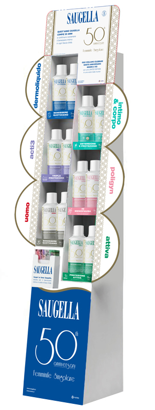 SAUGELLA ESPOSITORE 50 ANNIVERSARIO 2024 2 DERMOLIQUIDO 500 ML + 2 POLIGYN 500 ML + 2 ATTIVA 500 ML + 2 ACTI3 500 ML + 2 INTIMO & CORPO 500 ML + 2 UOMO 500 ML - Pharmaleader